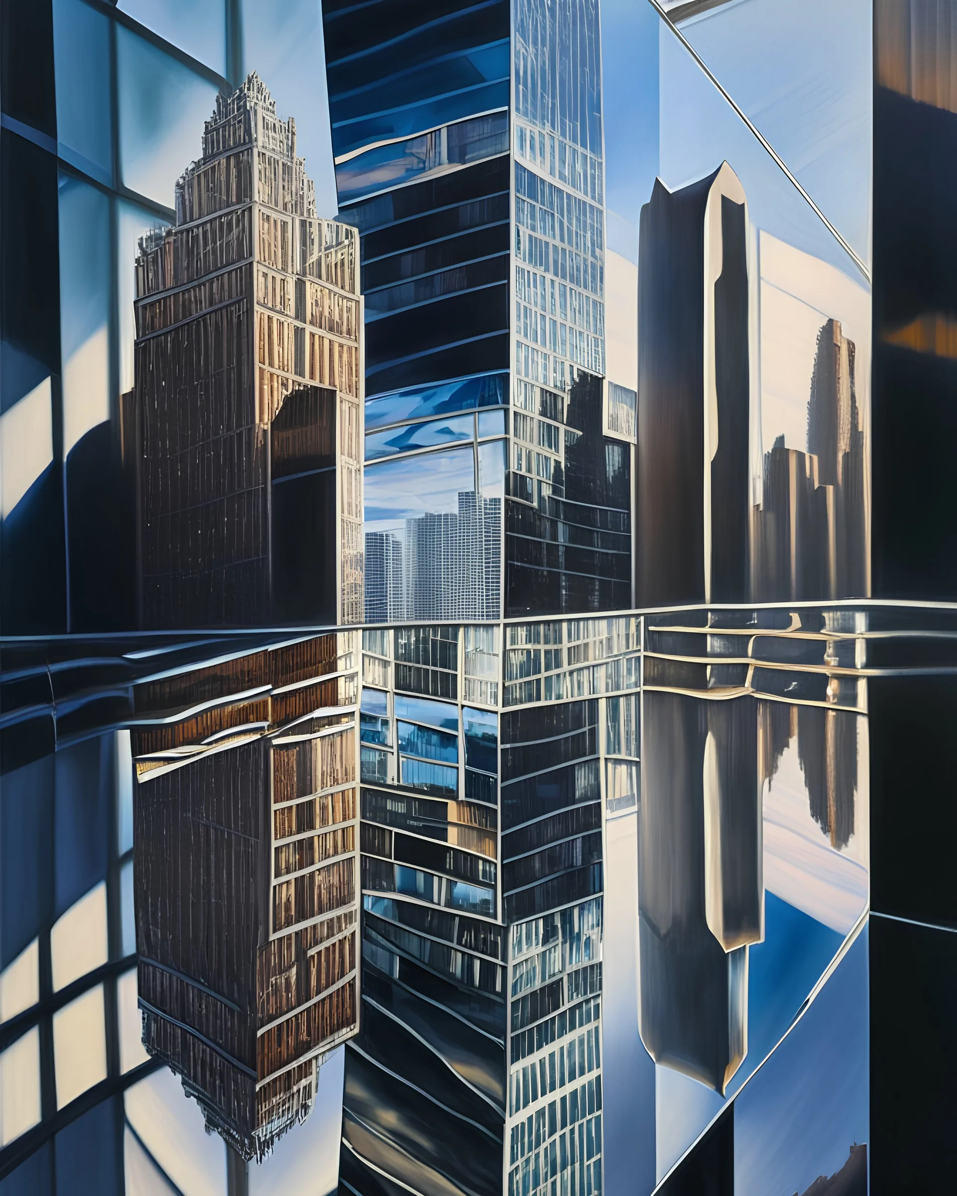 A hyper-realistic painting of a city skyline, as seen through the distorted, reflective surface of a glass building, in the style of trompe l'oeil, exceptional detail, atmospheric perspective, and skillful manipulation of light and shadow, inspired by the works of Richard Estes and Chuck Close, challenging the viewer's perception of reality.