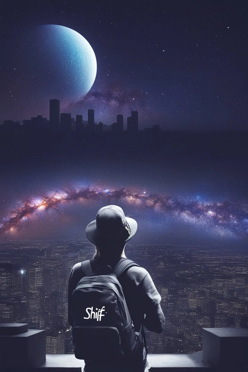 Supernova overlooking a city in the Milky Way galaxy with a person wearing a hat and a backpack with the Shift logo on it