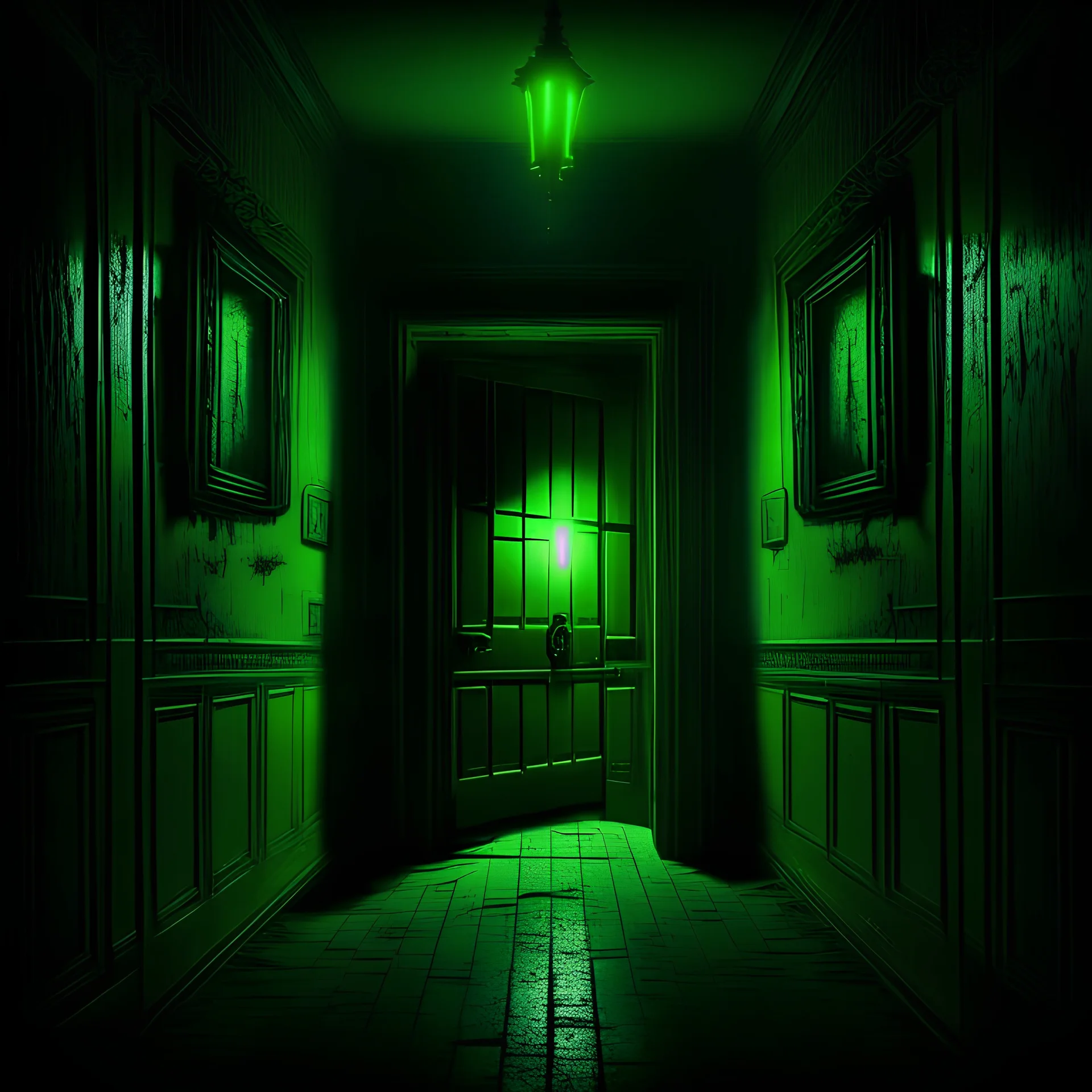 a dark hall with an illuminated green door in the middle