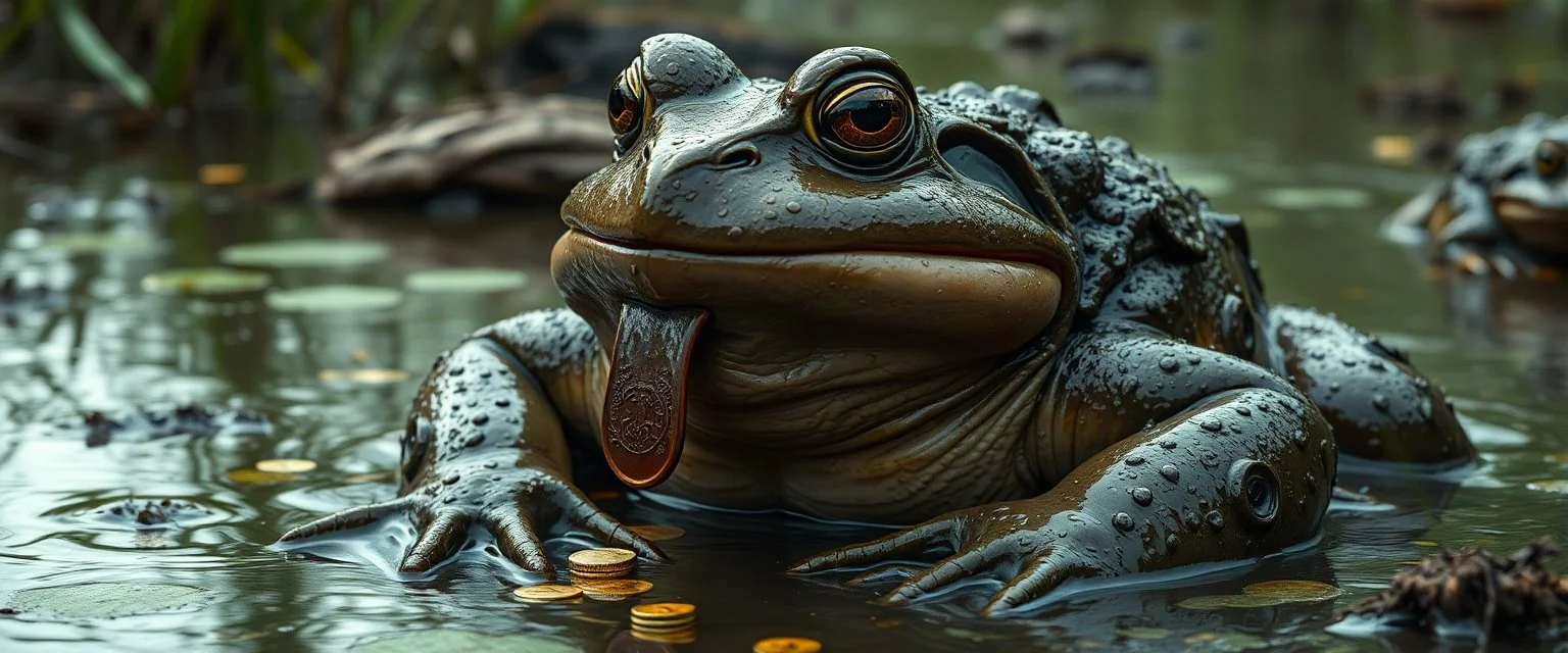 Giant muddy toad sitting smugly in a swamp, gold coins stuck to its tongue, wet glossy skin, low fantasy realism, slightly comedic tone, cinematic lighting