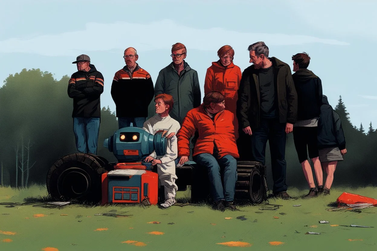 people stand and watch giant robots fighting, cartoon style Simon Stålenhag