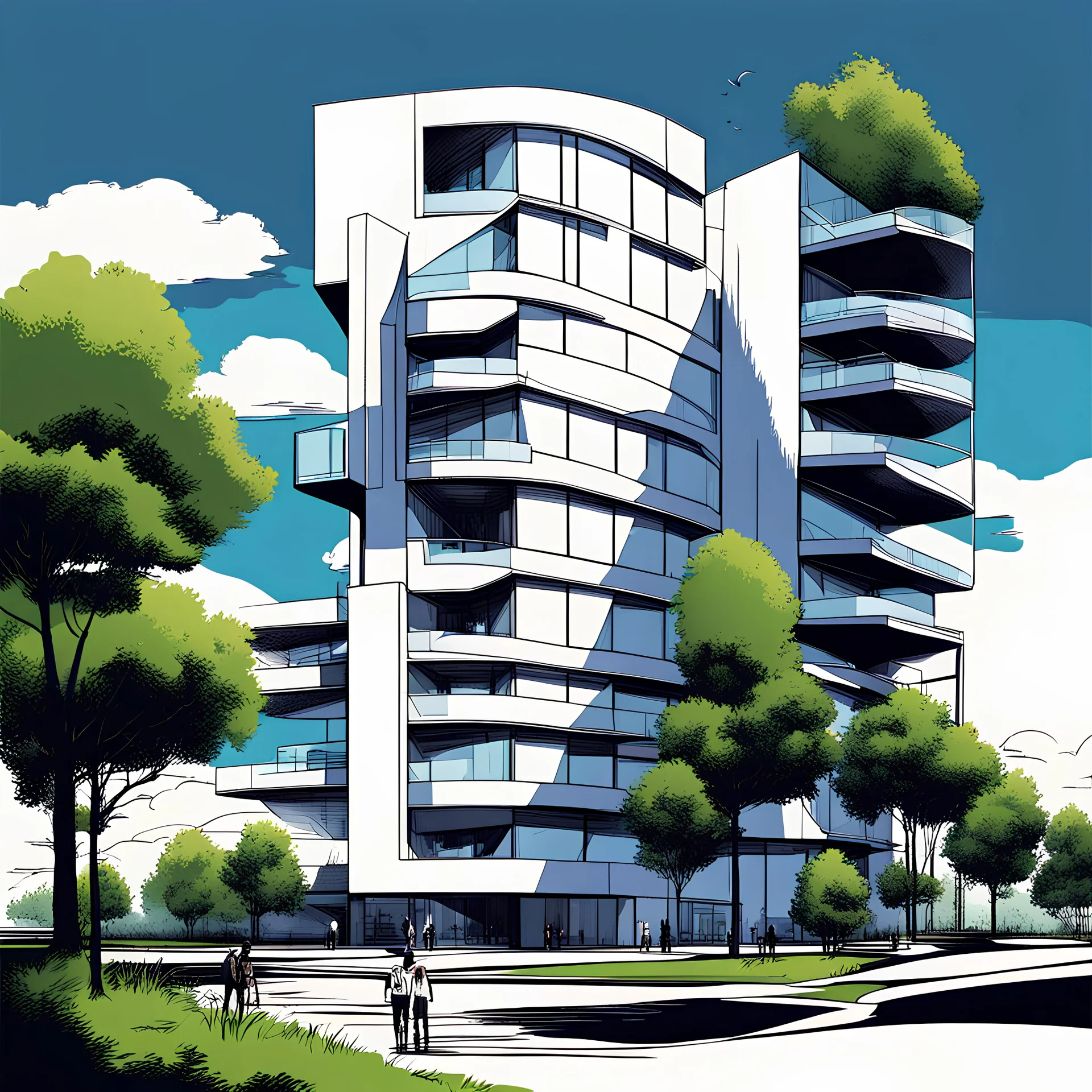 Dibujo arquitectónico de un edificio de cinco pisos, moderno, diseñado aplicando la proporción, estilo minimalista futurista, calidad ultra, gente, árboles, colores contrastantes, cielo con nubes pequeñas, 64k