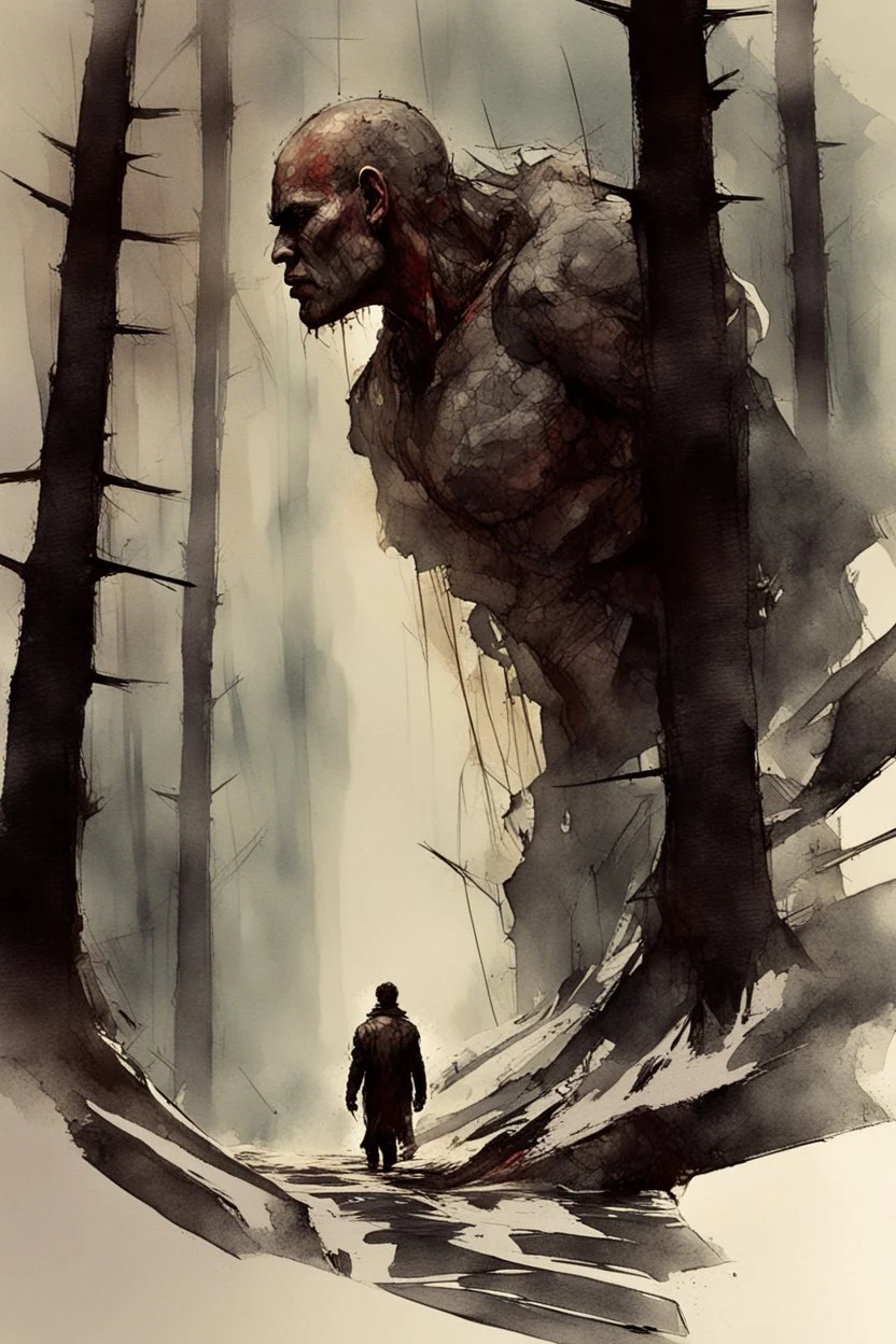 a stupid and crazy stone giant walks through the forest and breaks, vivid emotions, watercolor, photorealism, dark fantasy, bad weather, gloomy day, dark world, sketch art, fine lines, grunge, sensual, darkness, by Raymond Swanland & Alyssa Monks & Anna Razumovskaya