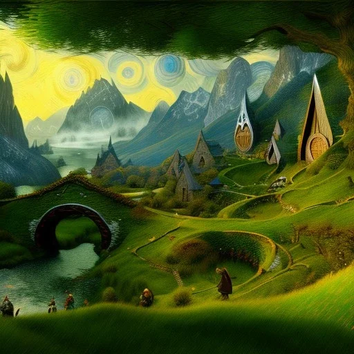 Epic Drawing of scenery of The Hobbit estilo Van Gogh 4k