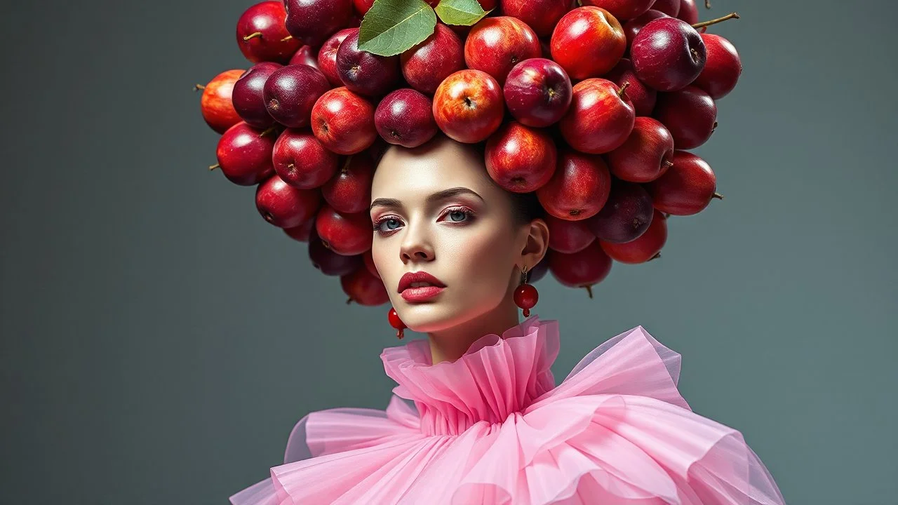 High fashion photography of a model in a Tim Walker and Alexander McQueen style pink plum dress, studio lighting, large-scale headdress with many fruits, wide shot, highly detailed, hyperrealistic, cinematic photography - ar 9:16. High fashion photo shoot of a model in a Tim Walker style pink plum dress, intricate headdress made of conceptual plum fruit sculptures