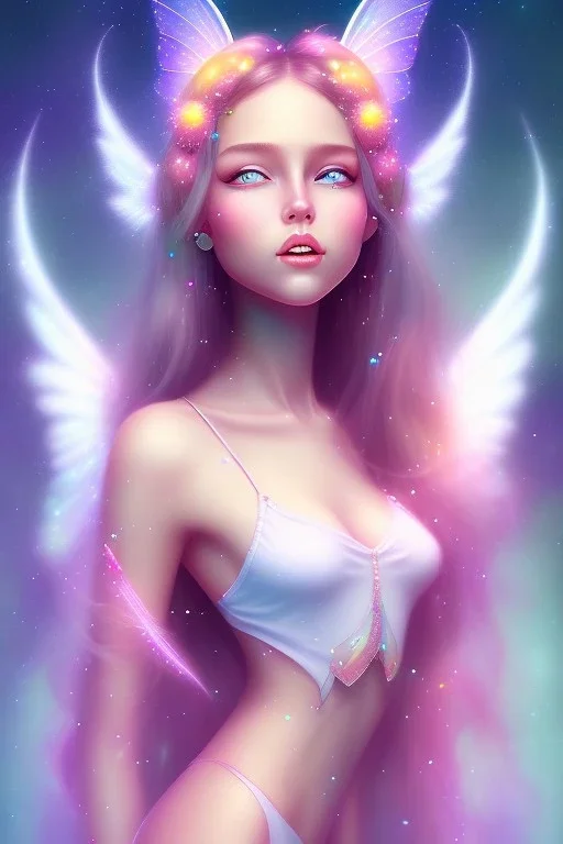 smiling girl, cute, beautiful, long hair, rainbows, fairy wings, light pastel colors, bright