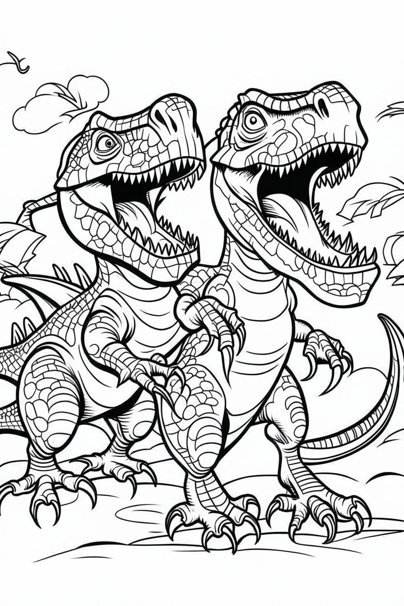 A coloring page, white backgroundDepict a pair of T-Rex siblings engaging in playful antics together, such as chasing each other or play-fighting, with laughter and camaraderie filling the air. ink drawing clipart, simple line illustrations, colored