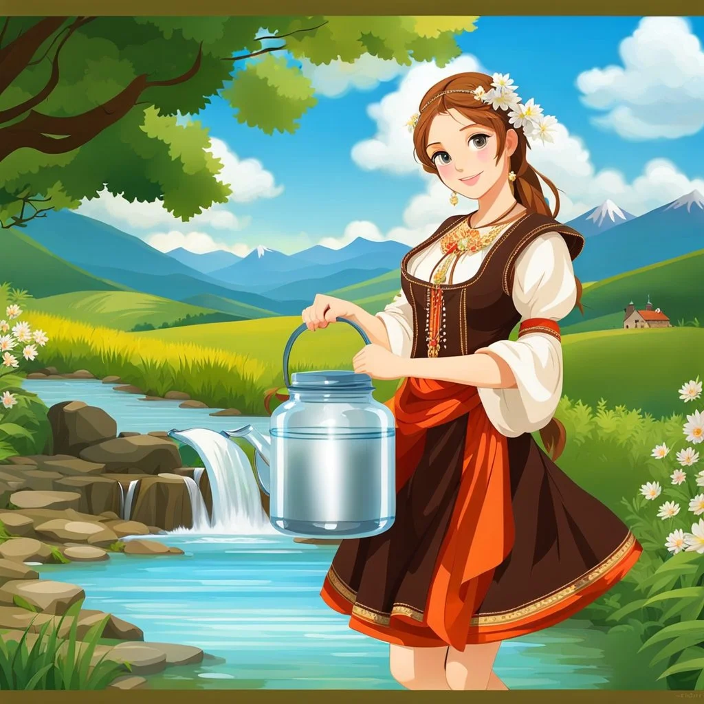 very nice country side with hills ,waterfall over a river with clear water,girls with perfect pretty face in folk costums and a jar, filling their jugs with water and some of them leaving while carring there jugs in there shouldes and 1beautiful girl with jug in shoulder in closeup , very nice mountains at distant, nice clouds in sky ,wide green field with flowers.