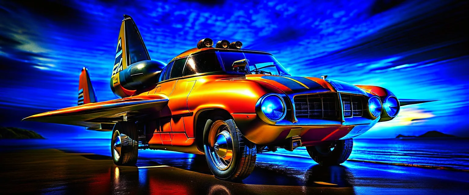 A national geographic award winning photograph of a military fighter jet station wagon wasp hybrid designed by volkswagen only one vehicle per image painted metallic orange traveling at a high rate of speed, jet intake off of front center of vehicle and jet exhaust out the rear with bright blue flame