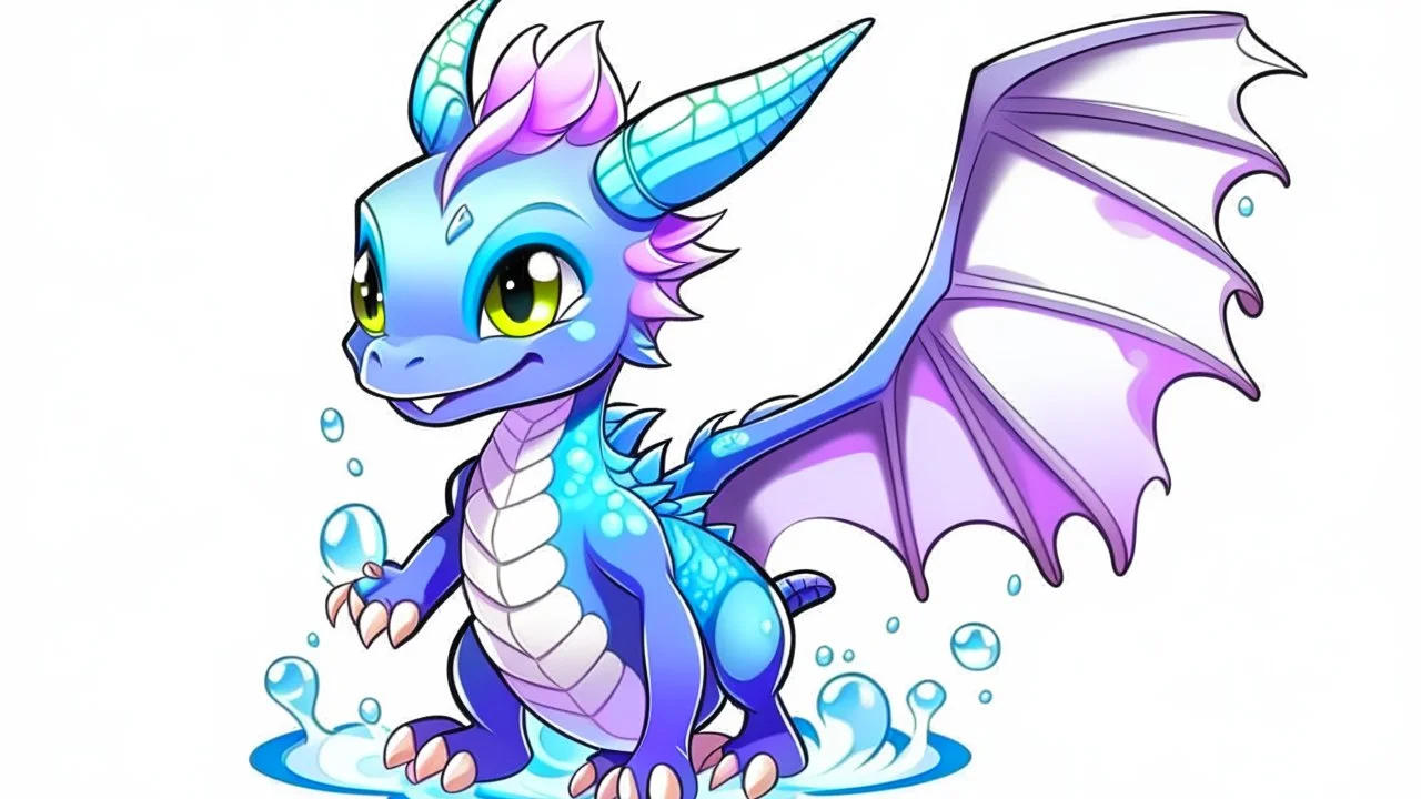 cartoon illustration: a cute ice dragon with big shiny eyes and two purple crystal wings. The dragon is flying.