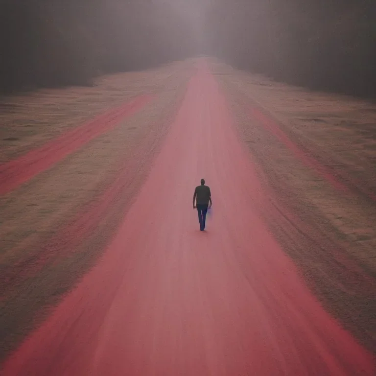 view of long road , man walking with blood hand , sun is blury