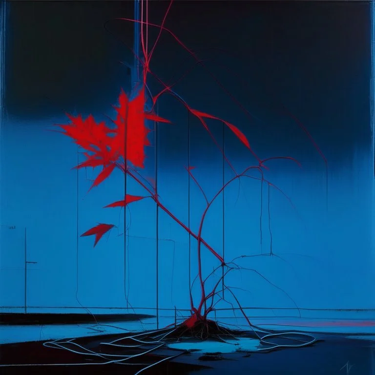 Minimal abstract oil painting of a neon large red leaf plant in desolate landscape brutalist architecture and hanging wires illuminated at night. With triadic blue colours. In the style of Justin Mortimer and Phil Hale, Ashley Wood