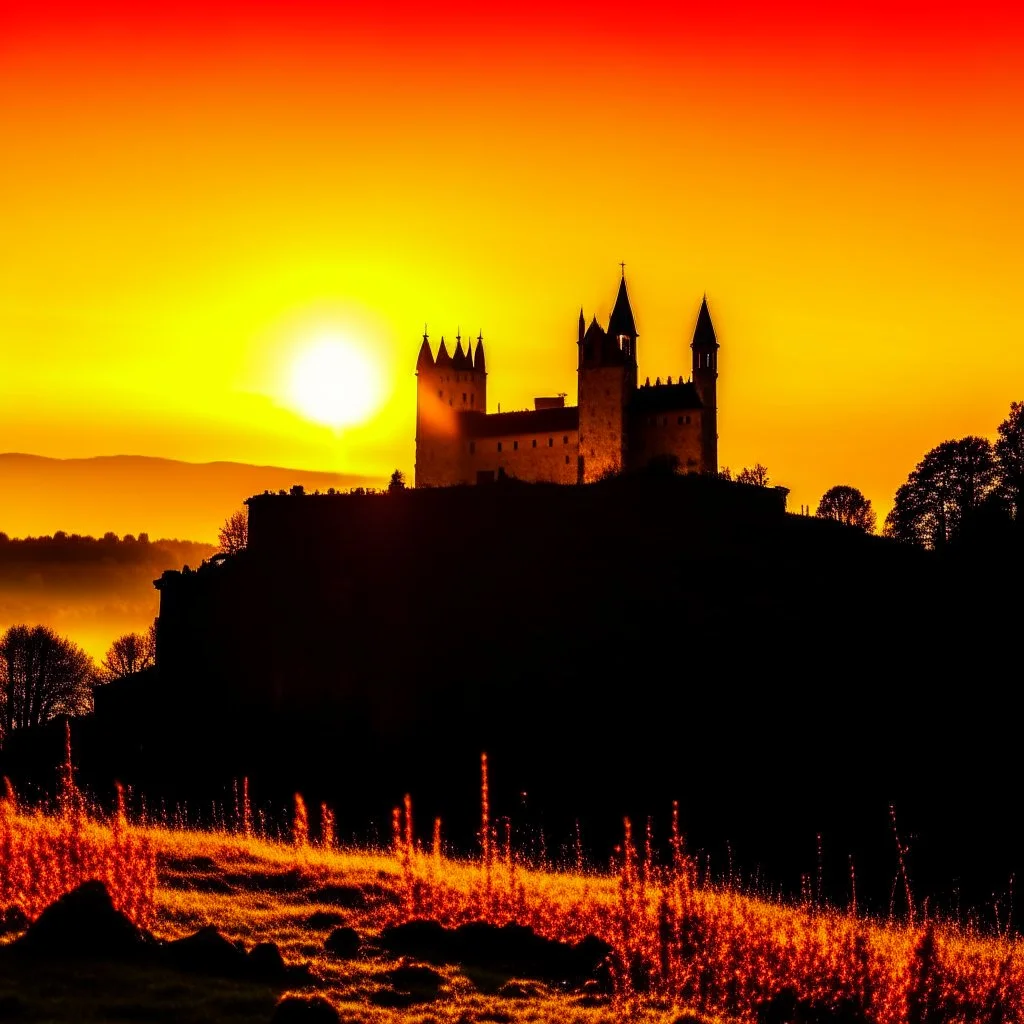 Silhouette of Czech castle ruins at sunset.