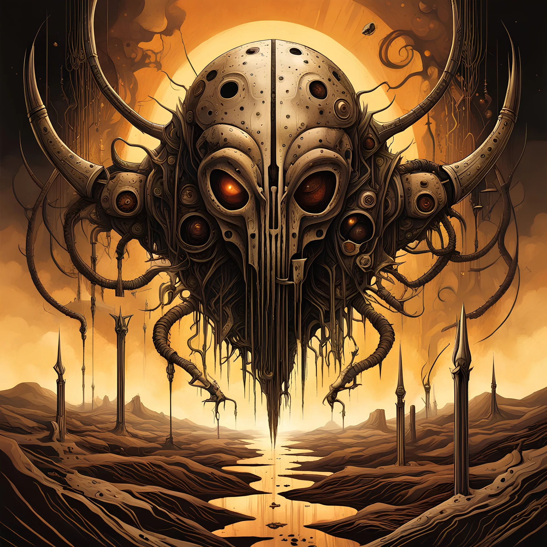 Abominations filled with desolation, stepping on faces of the frail, abstract surreal art, by Brian Despain and Arthur Secunda and H.R. Giger and Petros Afshar, mind-bending illustration; warm colors, diagonal composition, horror poster art, asymmetric, Morse code dot and dash vertical texture, dark shines extinction level event, by Christopher Shy