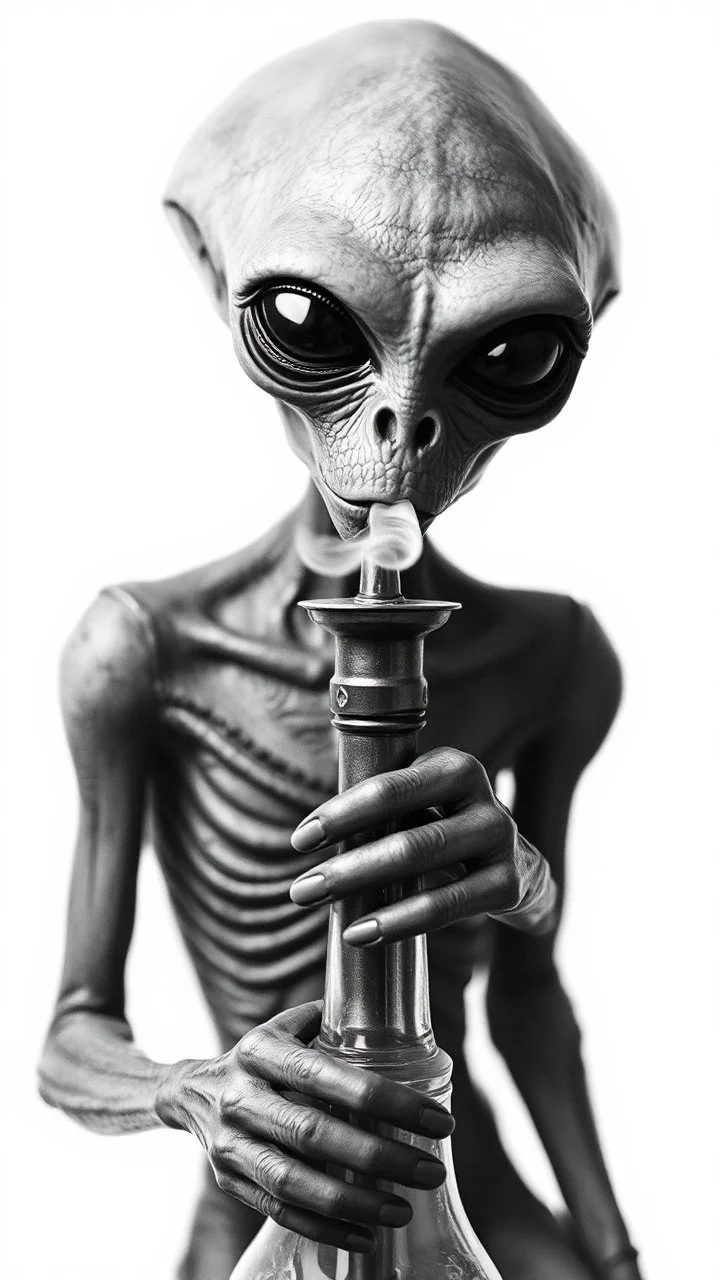 Get An old picture style of black and white mono very bad quality looks very old camera picture of an alien smoking from a hookah o tube connected to it, all white background , year 1900