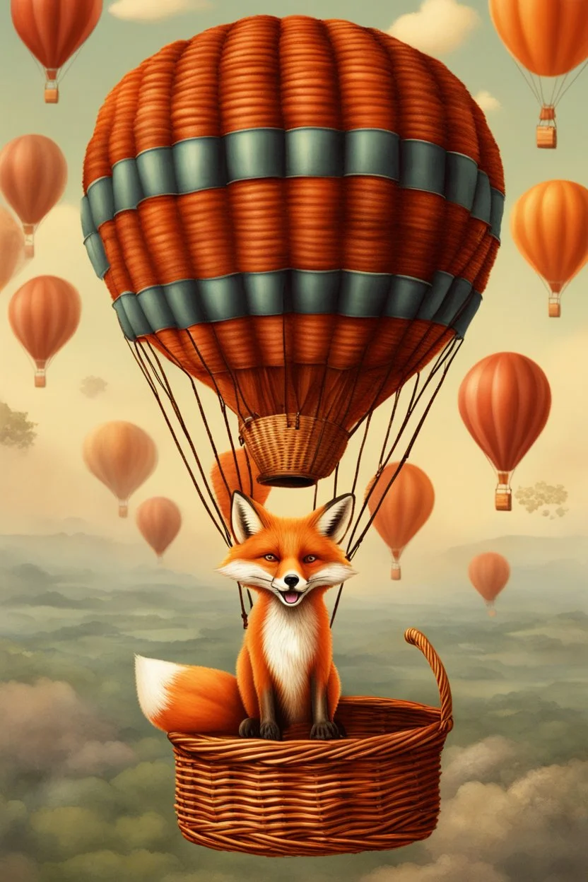 Color illustration of a ultra photo realistic happy red fox sitting "inside" a detailed wicker basket which is "hanging" below a perfect round orange colored hot air ballon nothing should be hanging from the basket, full image of hot air ballon, every element; fox, wicker basket, ballon should be in proportion to one another, in the background you can see the leaning tower of Piza