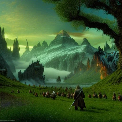 Epic Drawing of mordor scenery with Orcs of The Hobbit estilo Van Gogh 4k