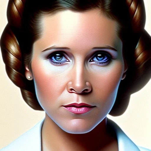 analog style, Beautiful photorealistic close up face of carrie fisher, soft ethereal skin, studio lighting, sharp brown eyes, dark plain background