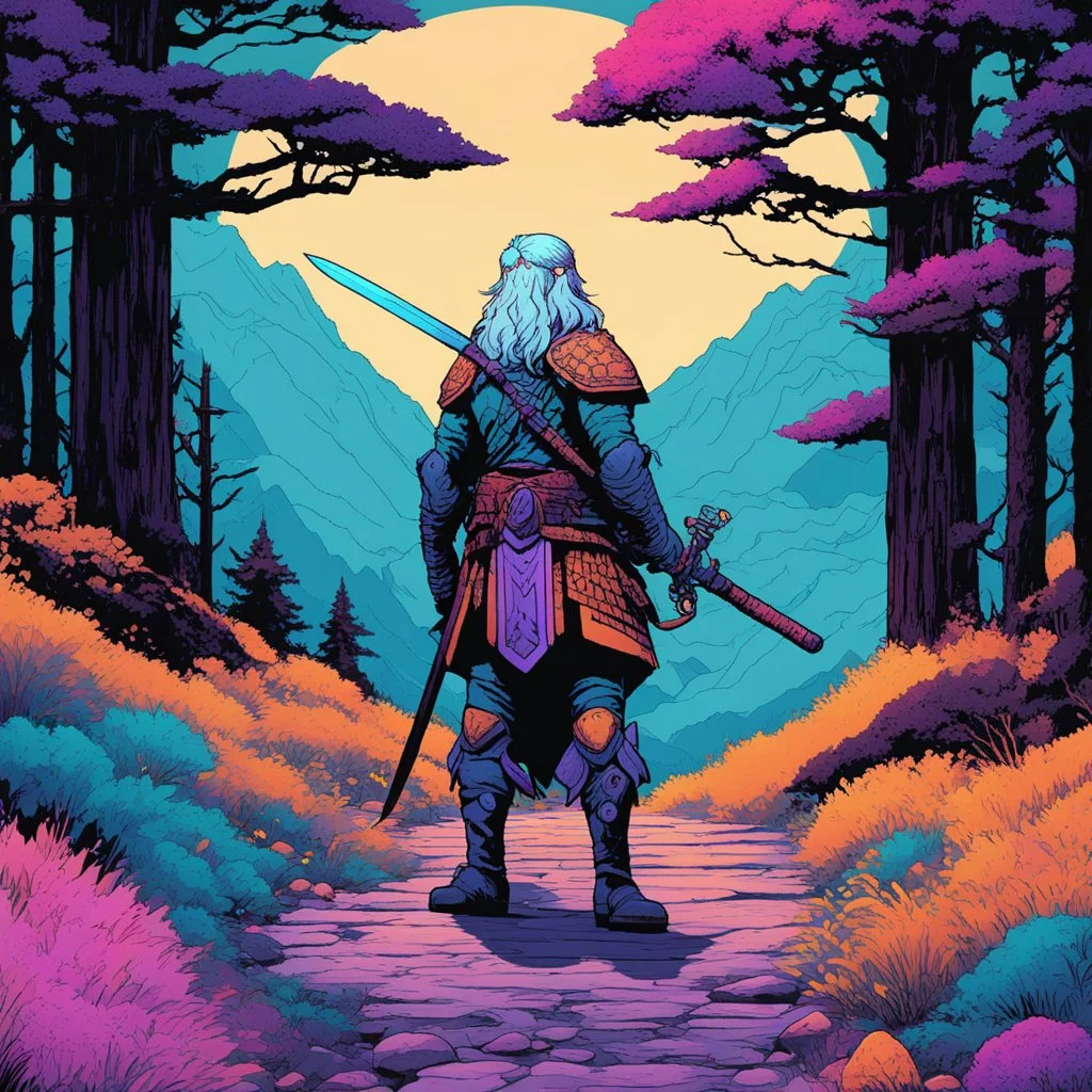 [psychedelic pixel illustration by Andrew MacLean in the comics Head Lopper style with Kupka's colour palette] realistic photo 8k of the one, in the middle of nowhere