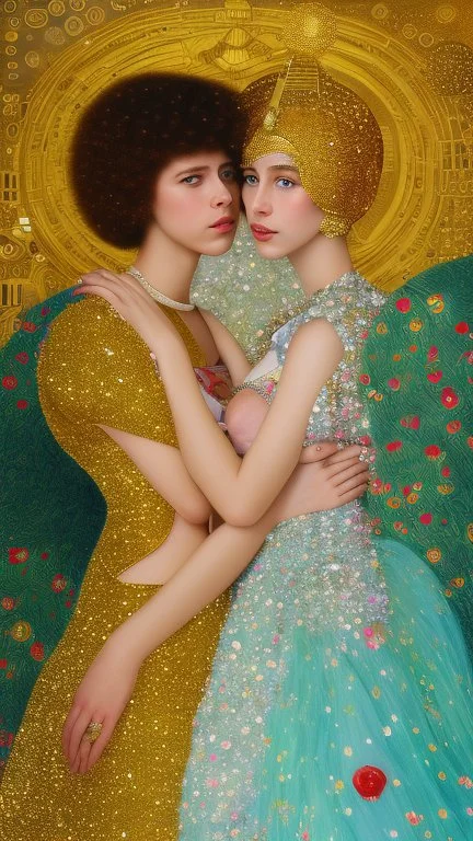 Masterpiece, fine art, award winning, "like Gustav Klimt : the Kiss in a chair", RAW photo, eye candy in the style of (petra collins::Robin Eley:1.5), (Suhaila Ben Lachhab::Heidi Moussa:1.5) in breathtaking cinematic shot (full body shot, from below angle) that emphasizes the stunning cheek bones, texturized black hair,(big detailed eyes:1.5) (cottagecore aesthetic:5) with extreme sensuality, Irresistible with (porcelain skin:4.8), sitting on an old chair, retro vintage style a female face in