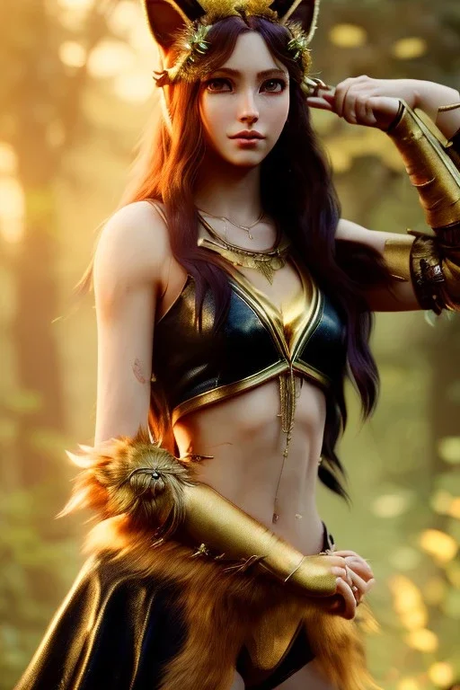 Druid character, young woman, cat ears, golden hair, long hair, golden eyes, animal hide armor, waist up portrait, 4k resolution, intricate details, ornate details, soft lighting, vibrant colors, retroanime, masterpiece, intricate eyeliner, dark eyeshadow, eyes, intricate tattoos, natural background, fae, sidhe