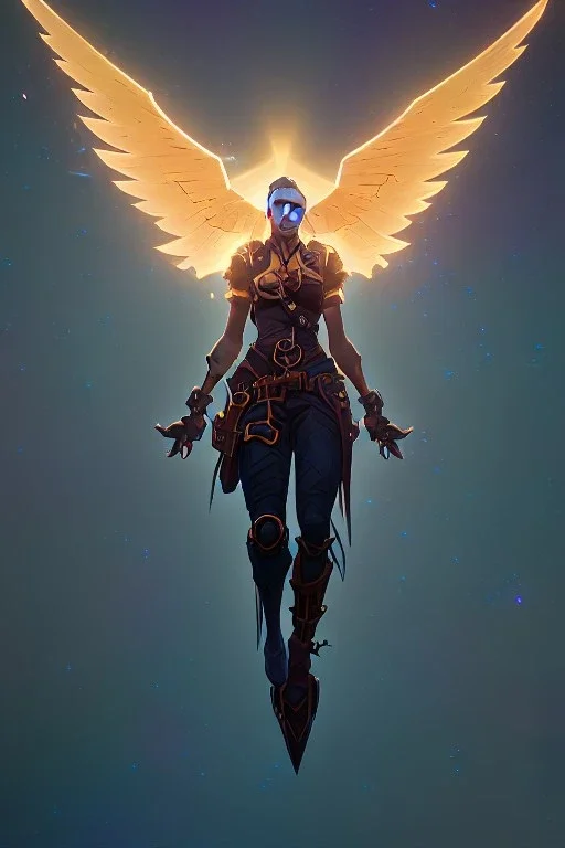 flying angel, pale, starry night, golden glow, majestic, heroic, steampunk