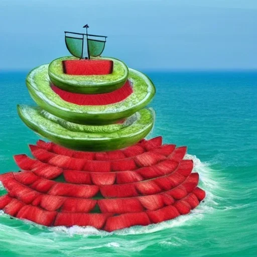 A ship made of watermelons on a rough sea