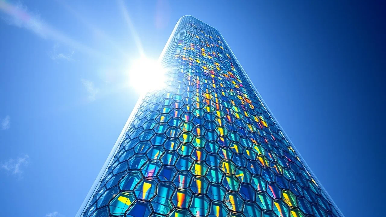 A towering skyscraper with sweeping, curved surfaces made of translucent, iridescent stained glass. The building features a hexagonal honeycomb pattern of windows that allow light to cascade through, creating a rainbow effect inside and outside. Award-winning photograph, stunning clarity, beautiful composition, exquisite detail and illumination