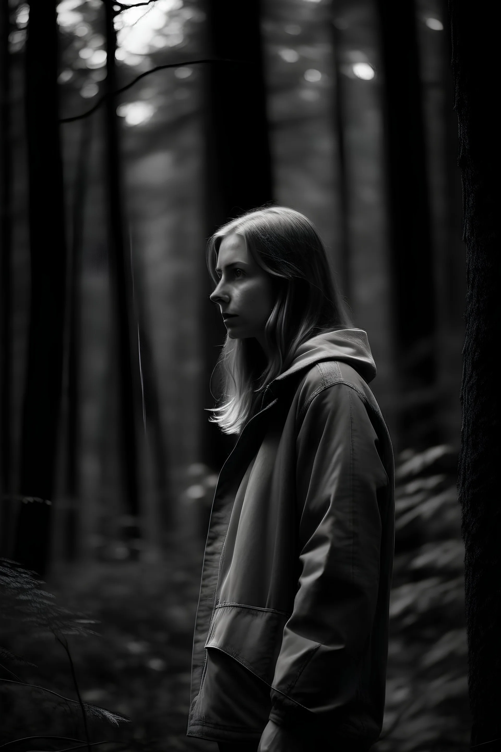professionally black and white photograph, realistic, film grain, attractive girl 30 years, in dark forest like an animal, back to nature telephoto shot, depth of field, RAW, nikon d850,