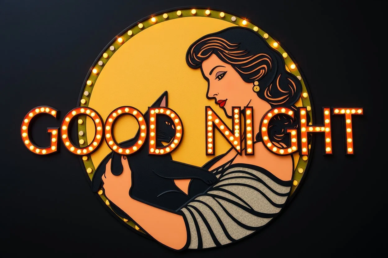 sign "GOOD NIGHT", art deco woman with a cat