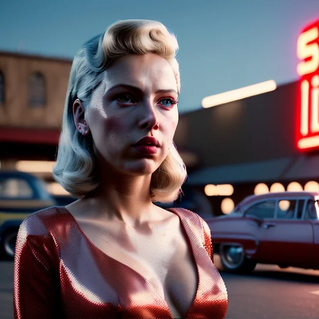 Ultra Realistic retro sci-fi movie explosion Supermarket parking scene, 1960 year, waist up view portrait, blonde woman, sweet scarlet Johansson face, perfect iris, glow eyes, face makeup, tight latex coat; many panic people looking, Retro sci-fi style, soft color, highly detailed, unreal engine 5, ray tracing, RTX, lumen lighting, ultra detail, volumetric lighting, 3d, finely drawn, high definition, high resolution.