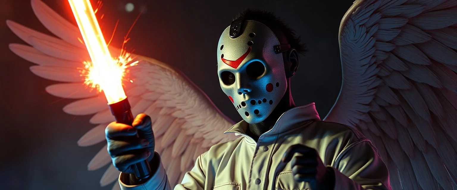 michael myers friday 13th knife gun olympic games realistic rendering of crazy dark skinhead angel alien scientist holding a holy neon glowing super power tube gensis vial