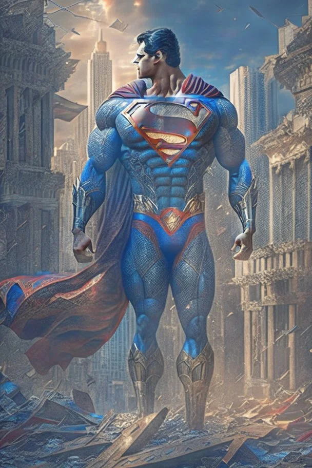 Superman. In a new, sophisticated suit decorated with a Mandala pattern. Strong, fit body. Muscles. A cinematic scene. A destroyed city scene