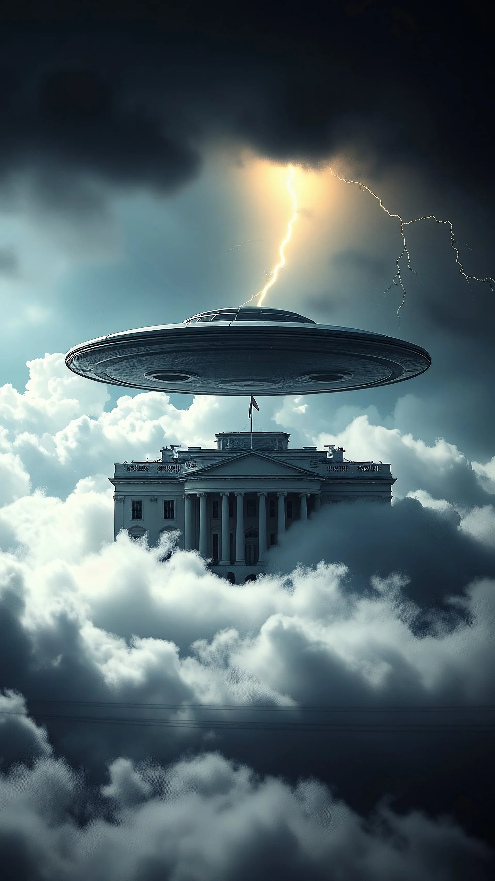 A ufo hovering above the pentagon building hovering above swirling clouds, emerges from the heart of a raging storm. Turbulent winds of steam swirl around the iconic structure, lit by shafts of sunlight that cast dramatic shadows on the A large UFO spacecraft hovering over the White House surrounding clouds. A storm rages and thunder lights up the dark sky,