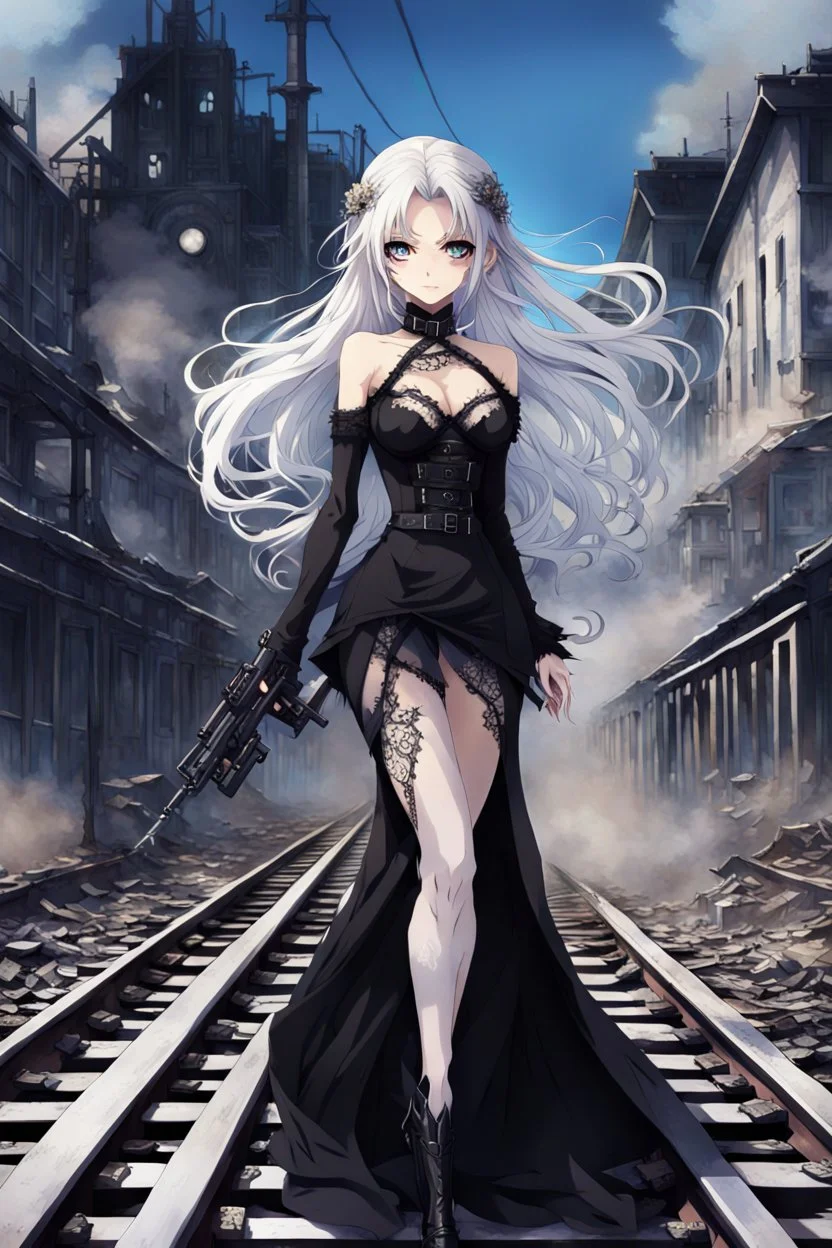 a captivating gothic anime girl, her ethereal beauty accentuated by porcelain skin and vibrant blue eyes. She stands firmly on a train track, legs wide apart, hands on hips, wearing a sleek black dress with lace details and a gun holstered on her thigh. Her flowing white hair billows in the wind as the smoky background portrays a chaotic scene of crumbling buildings and raging flames, emphasizing the imminent arrival of the train.