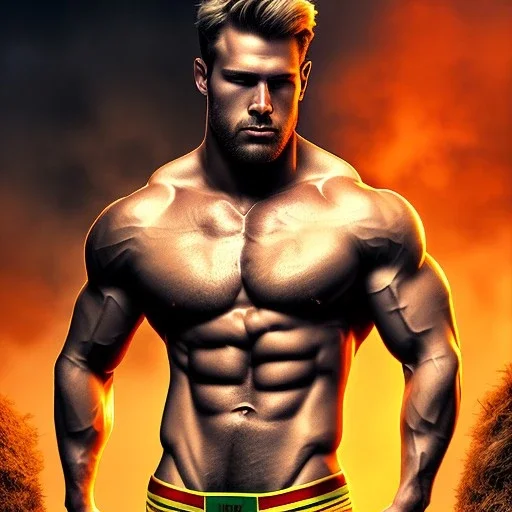 Ignore NSFW, teenager young rugged attractive slightly muscular fantasticly handsome blonde man, red briefs with yellow belt, hairy chest, (((visibly pisssing))) briefs, large erect visible boner peniss, photorealistic, artist Jay Anacleto, soft lighting, scruffy beard