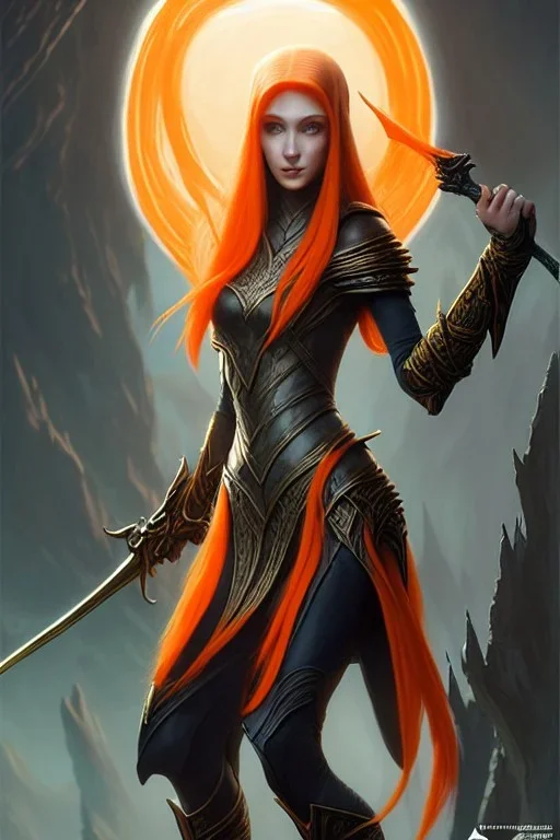 painting of a tall elven young woman with short light orange hair and freckles on the cheak bones and tall body of a topmodel light clothes, long shot, ultra realistic, concept art, intricate details, eerie, highly detailed, photorealistic, octane render, 8 k, unreal engine. art by artgerm and greg rutkowski and charlie bowater and magali villeneuve and alphonse mucha