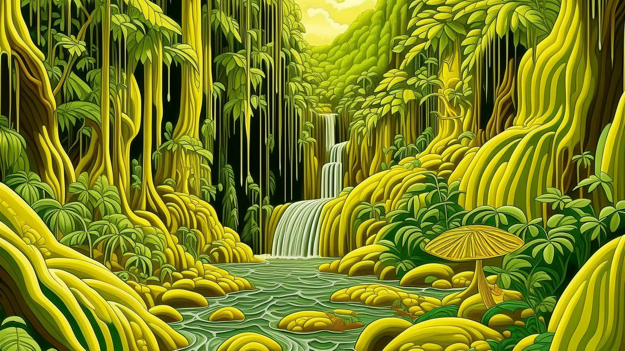 A yellow rainforest with a grotto and a waterfall painted by MC Escher