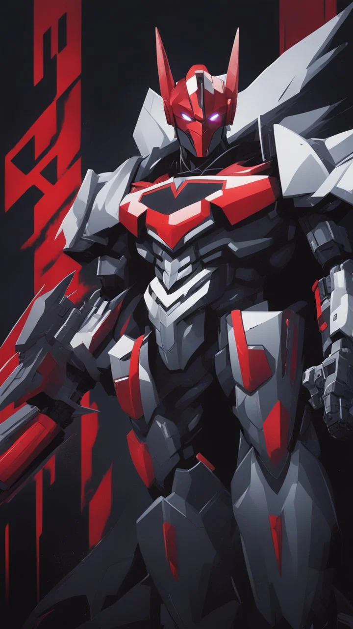 A close picture to Mix between transformers and batman in solo leveling shadow art style with red details detailsis in fantasy world