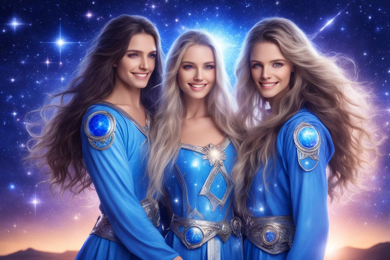 cosmic women couple of beautiful women with long hair, light eyes and blue brightness tunic, with a little sweety smile, with his boyfriend as a sweety strong cosmic warrior in peace. in a background of stars and bright beam in the sky