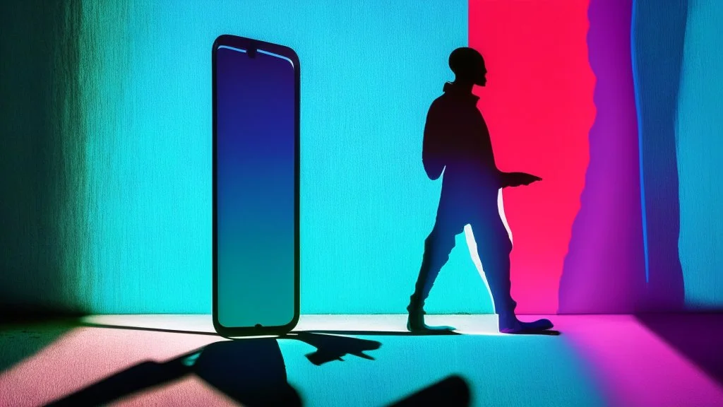 shadow made of different colors of a person entering the screen of a smartphone