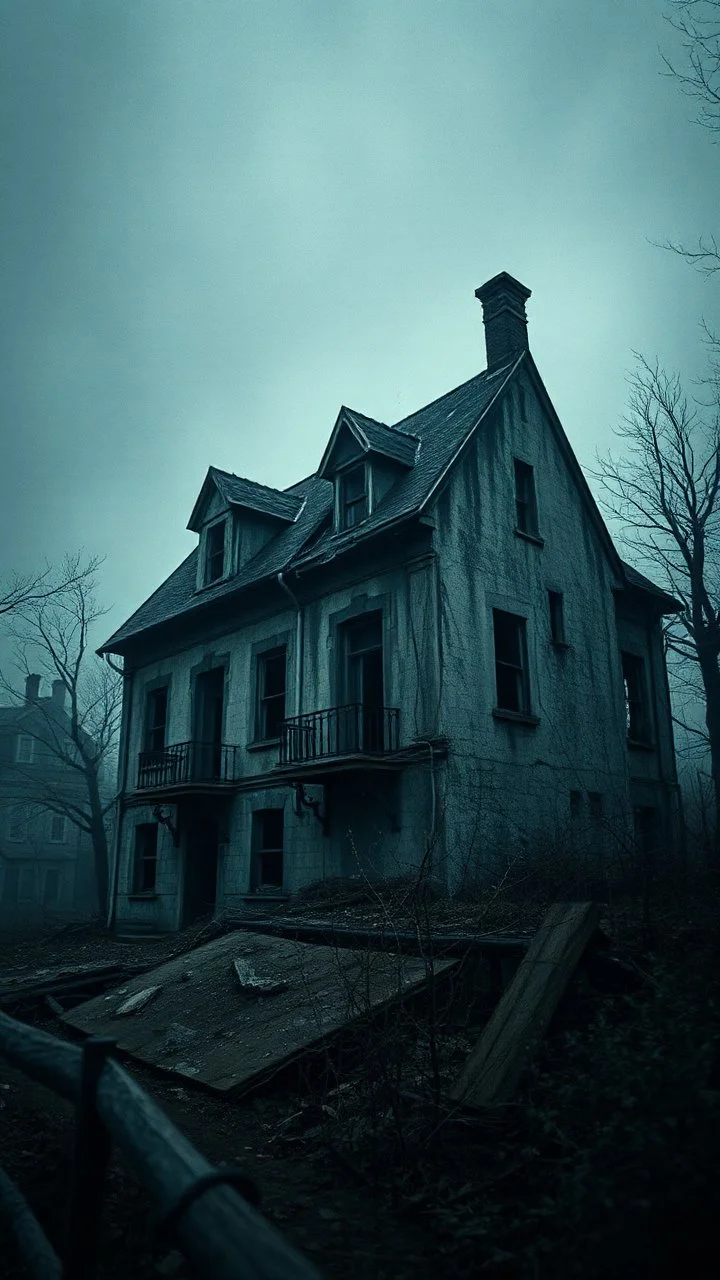 A building of an old demolished hostormy high wavocean all gray, a shadow of a creatures with hood looking at the house , foggy, blurry , dark and , like horror movie ,mysterious,painted antique canvas of a Risograph Art of a Art ,into the moody backdrop creates an atmosphere of enchantment and mystery high resolution fine detailed textures fine colors scratches, cracks in the paint in the mix style of Joan Miro Gabriel Pacheco, antique extreme canvas textured, blurry old style