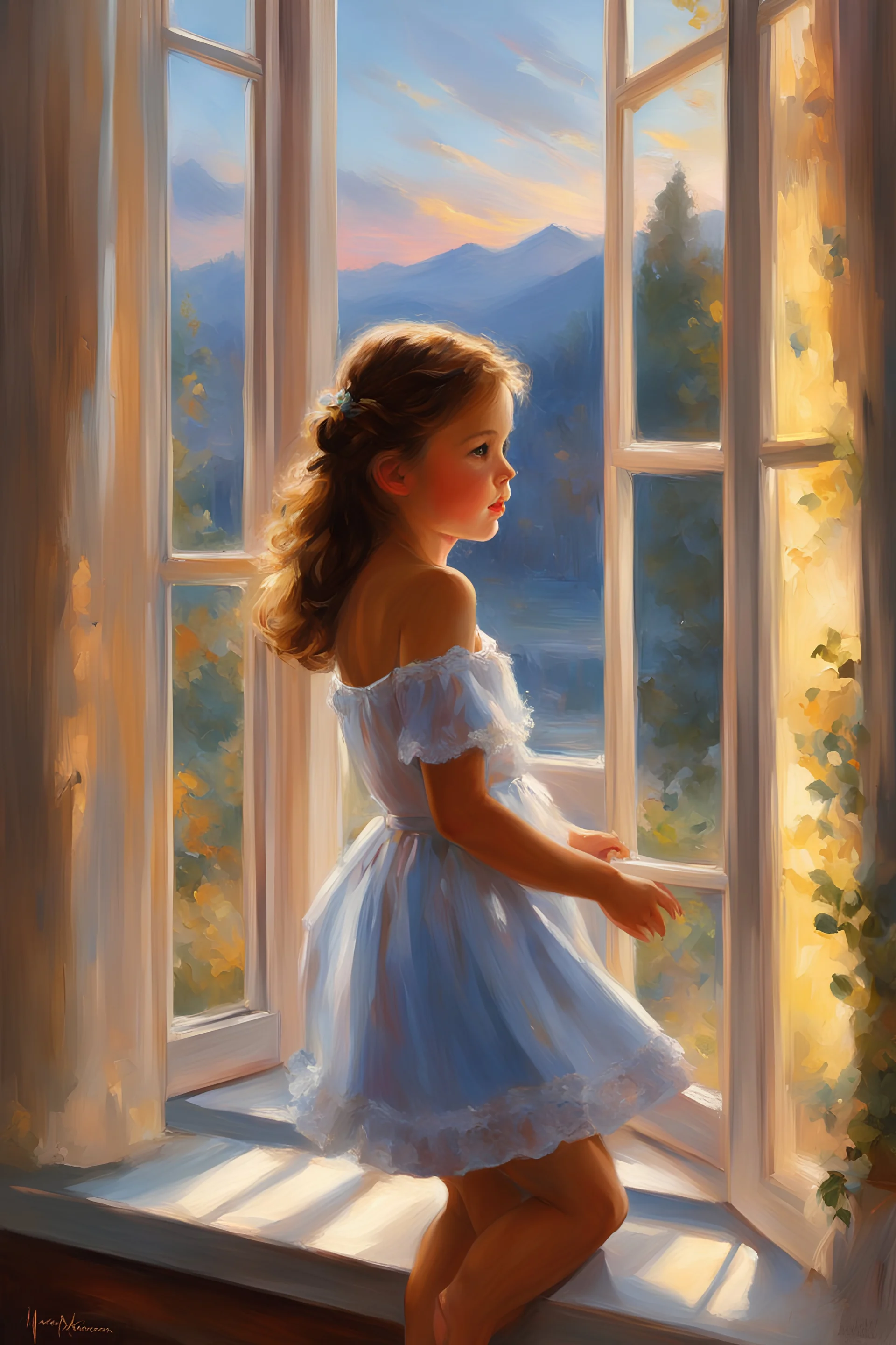 a painting of a little girl looking out a window, painting vladimir volegov, volegov, girl watching sunset, beautiful fantasy painting, dream scenery art, romanticism painting, tomas kinkade, the girl on a windowsill, gorgeous digital painting, gorgeous painting, beautiful digital painting, atmospheric painting, very beautiful digital art, breathtaking digital art, by Mark Arian