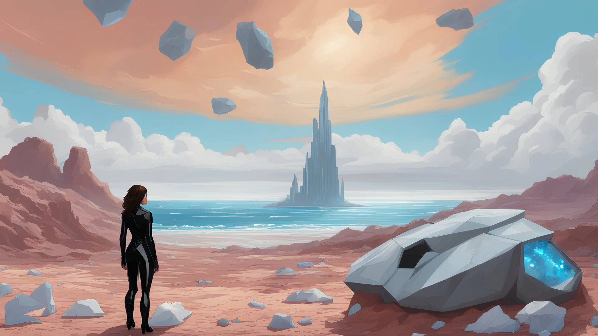 A woman in a catsuit standing on a beach of a rocky coloured crystal-covered landscape with a crashed spaceship in the distance, bright bue sky, white storm clouds