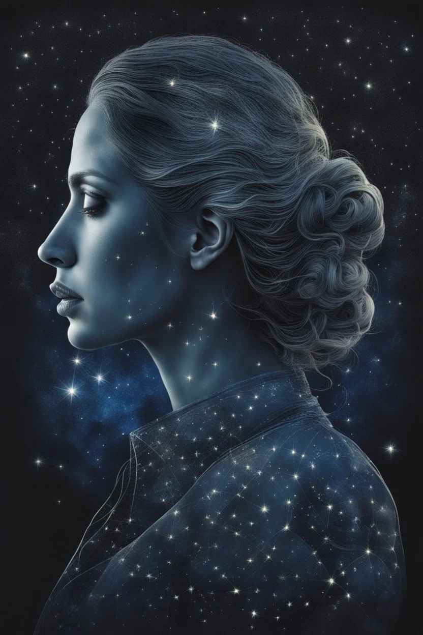 Double exposure of a female person's profile and a utopistic starry night sky, dramatic mood, dark depressive style, highly detailed intricate, surreal, stunning