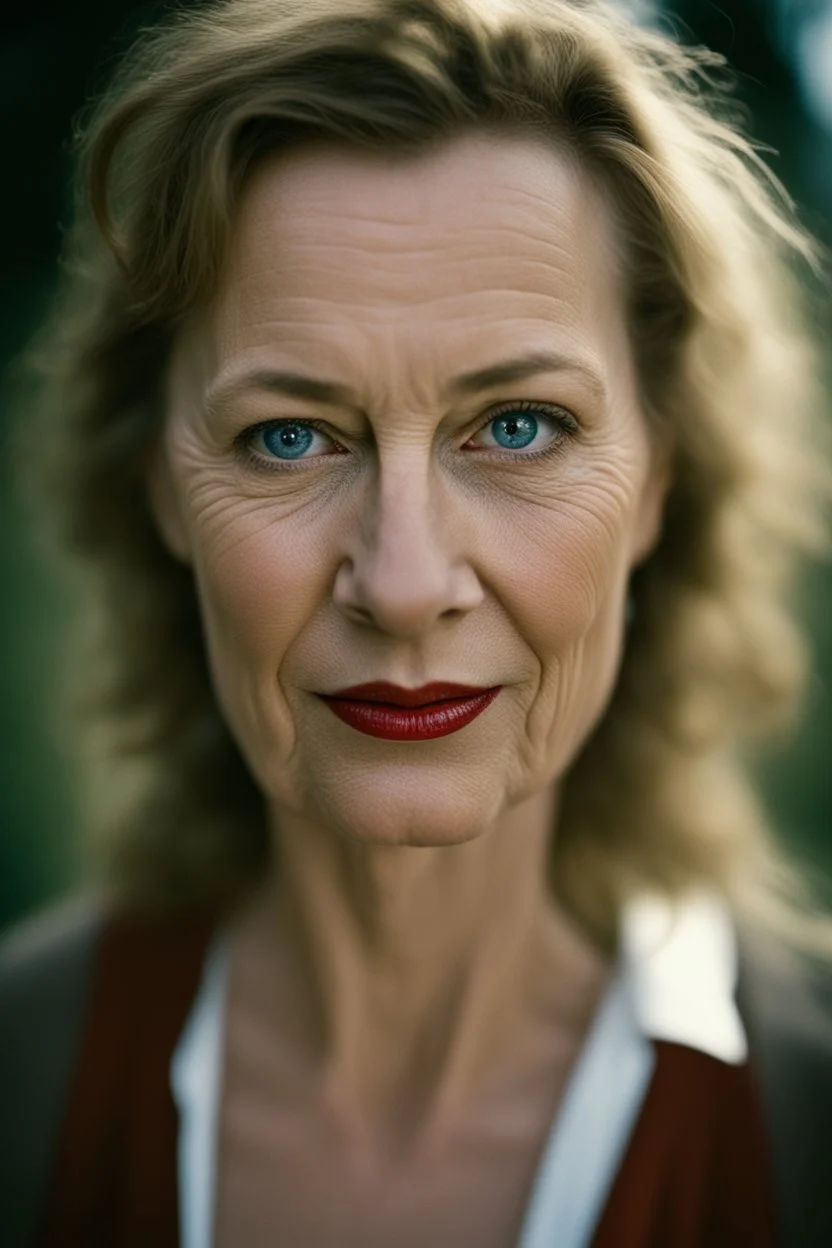 Face portrait of a beautiful middle-aged Polish woman taken by a Mamiya M645 camera with portrait lens on colour medium-format film, red lips, blue eyes, pored skin, hard light, skin isn't smooth