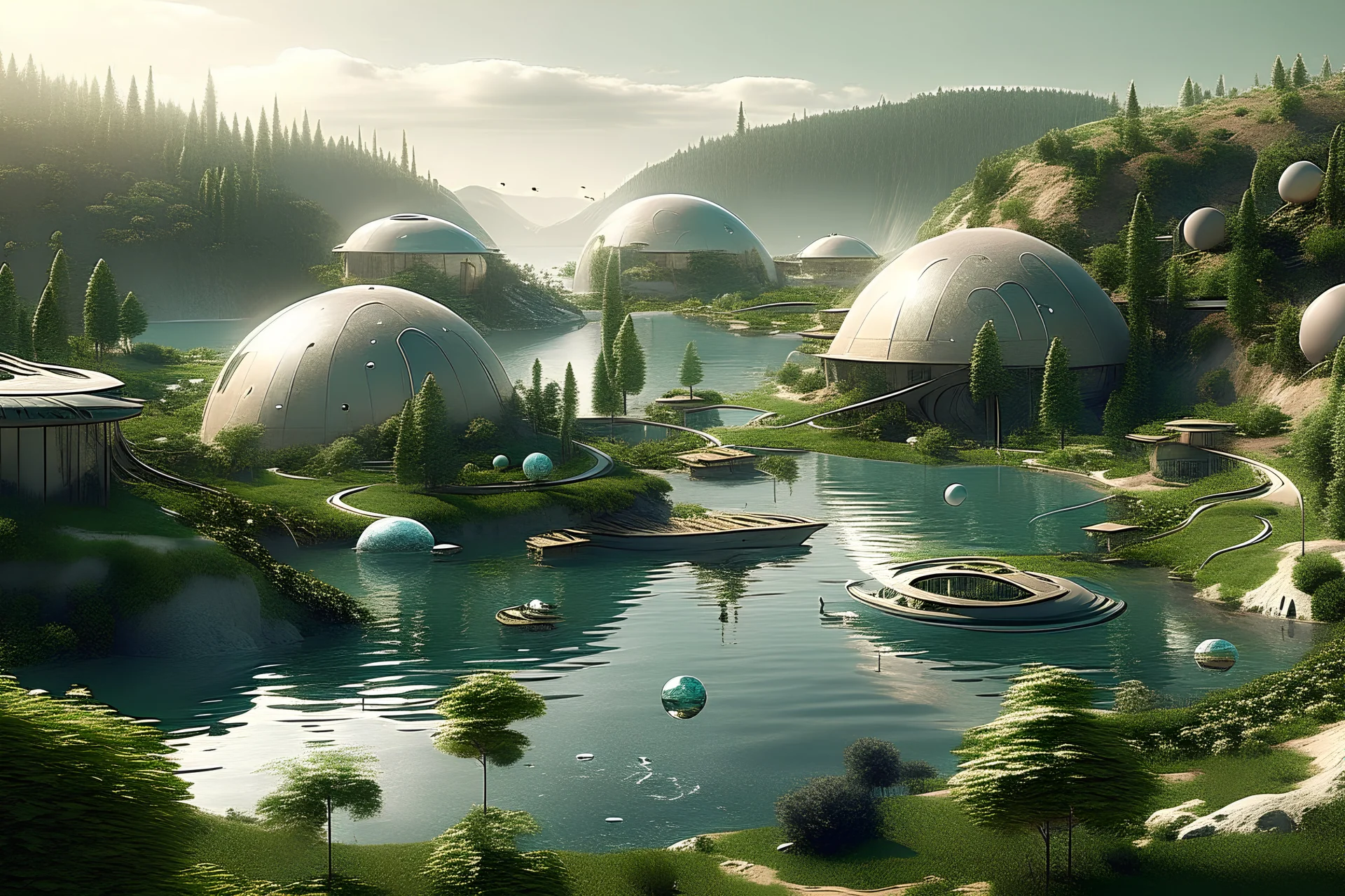a small futuristic village near a lake on an alien planet with lots of vegetation