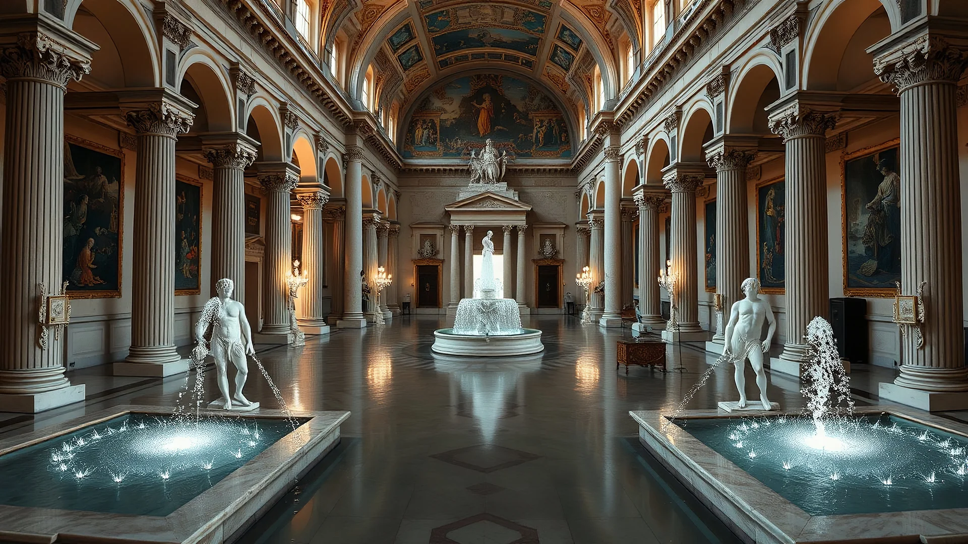 symmetrical view inside a palace in ancient Rome showing rooms, halls, courtyards, sparkling fountains, perfect symmetry, luxury, magnificent, marble statues, coloured pictorial tapestries, paintings, dream world, calm beauty, symmetry, fantasy world, magic, splendor, uplifting, inspiring, therapeutic, chiaroscuro, color, award-winning colour photograph, beautiful composition, exquisite detail, Nikon 135mm