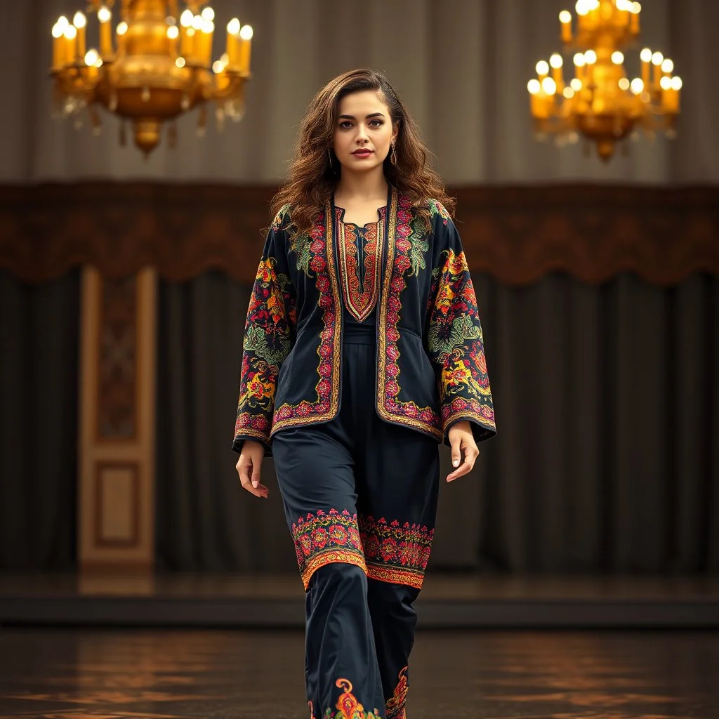 A full-body shot of a beautiful lady wearing azeri folk jacket and pants , curvy hair walking on a nice stage and looking at the camera