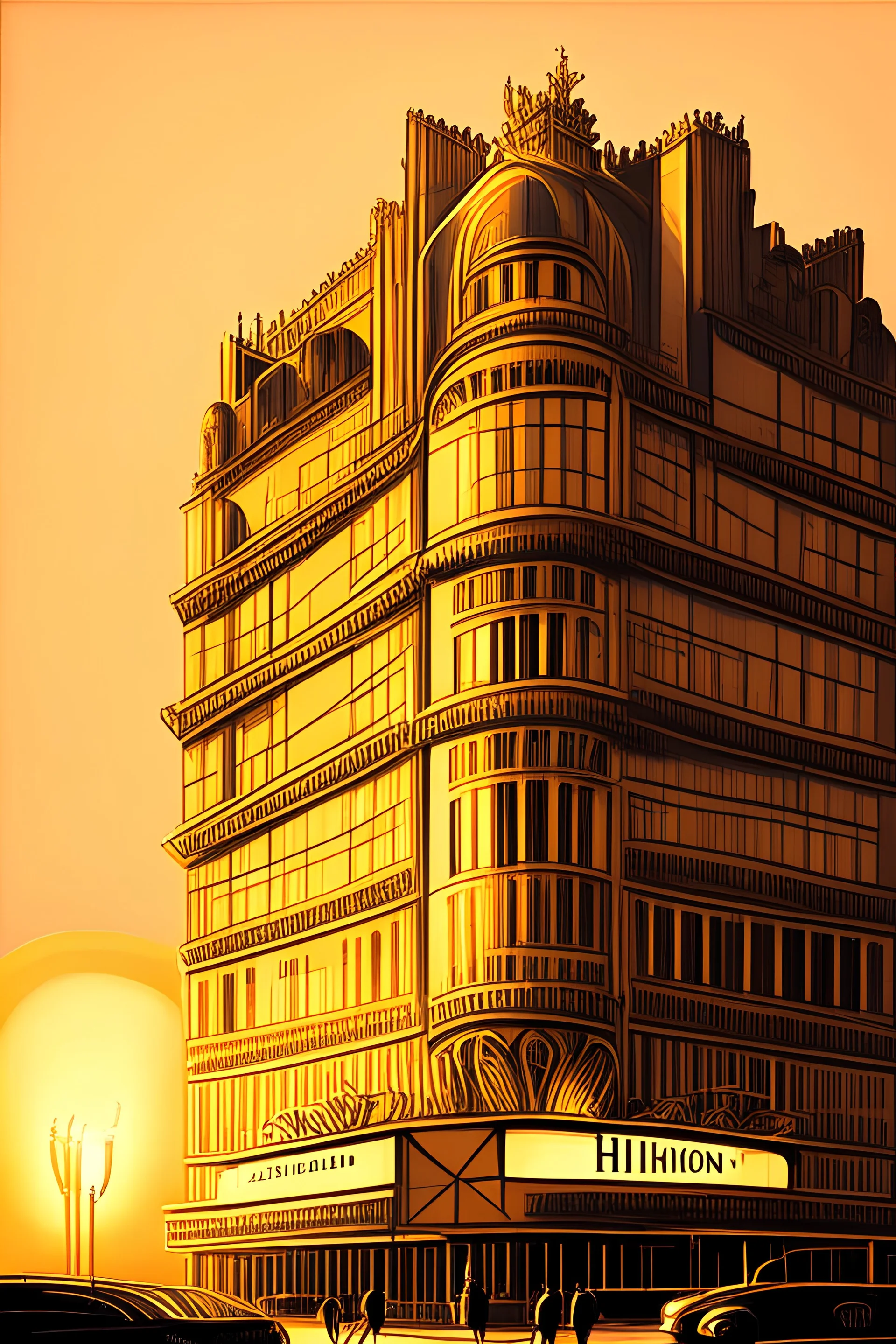 A grandiose portrayal of the Hilton Hotel in Paris bathed in the warm glow of a setting sun. The architecture should be finely detailed, with a sharp focus on the intricate facade, contrasted by the lively street scene bustling with Parisians and tourists. The style should draw from architectural illustrators like Hugh Ferriss and Frank Lloyd Wright, with the precision and clarity of artists like Greg Rutkowski and Artgerm.